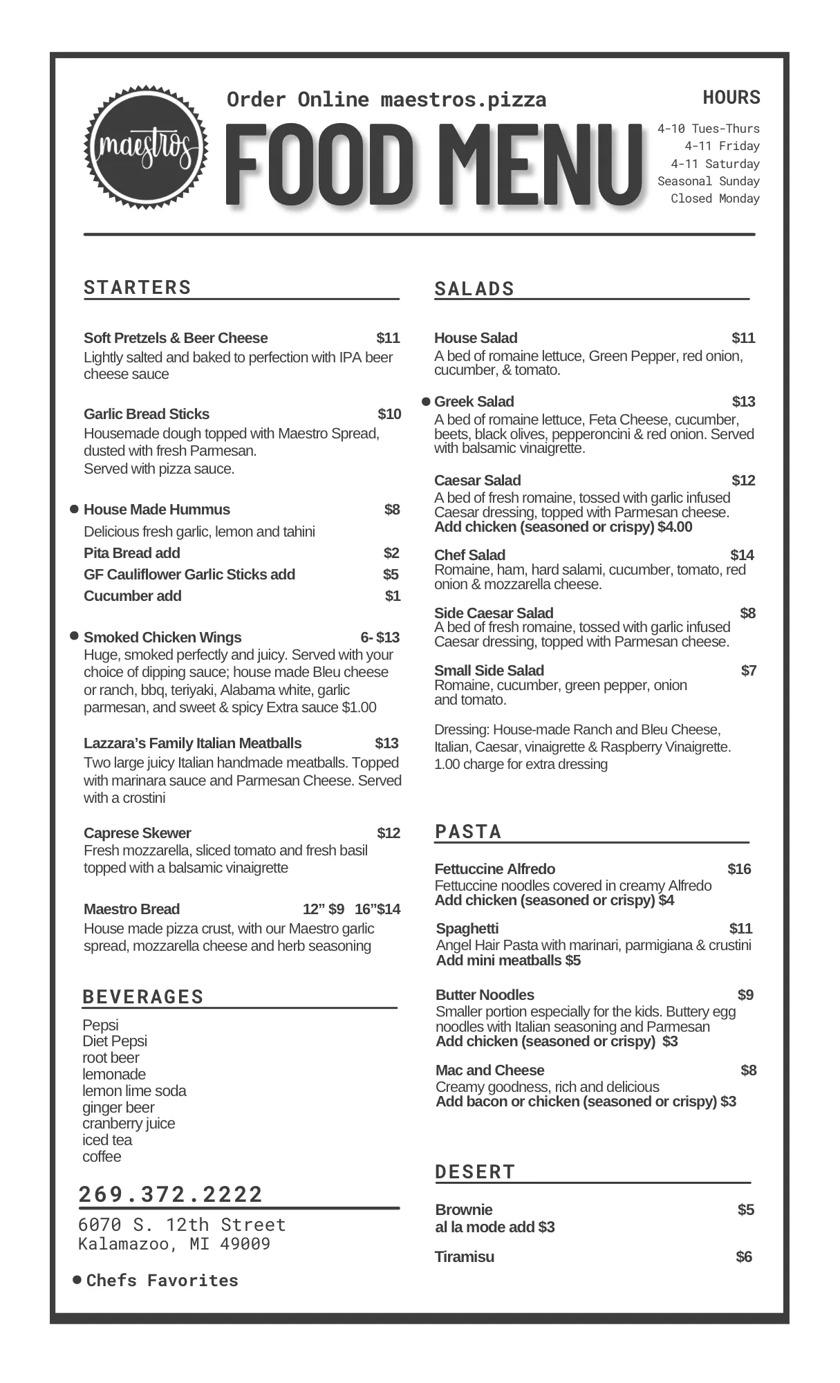 Maestro’s Pizza food menu, page 1: hours, starters, salads, pasta, beverages and dessert, with prices