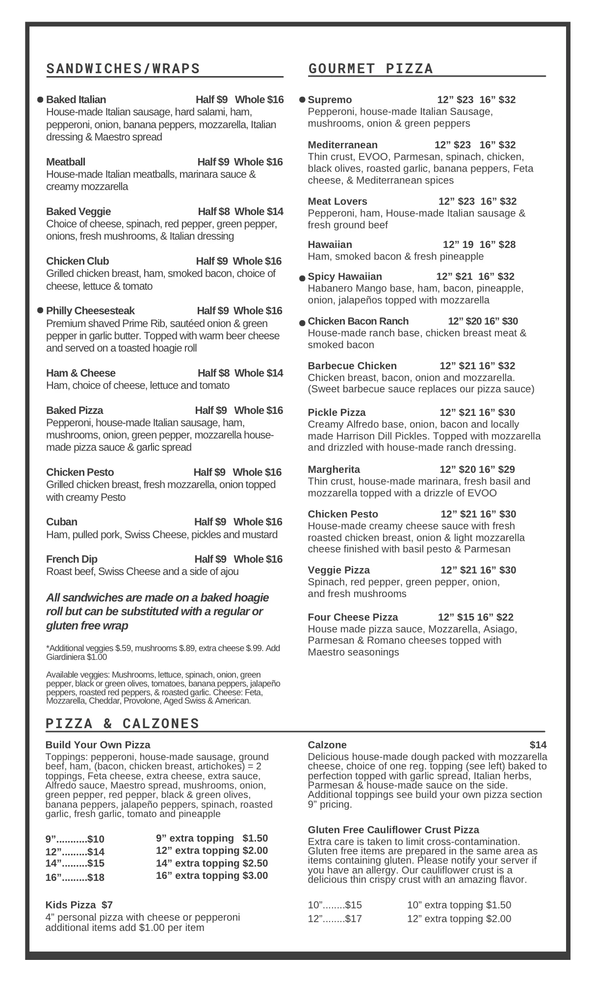 Maestro’s Pizza food menu, page 2: sandwiches and wraps, gourmet pizzas, build-your-own pizza and calzones, with prices